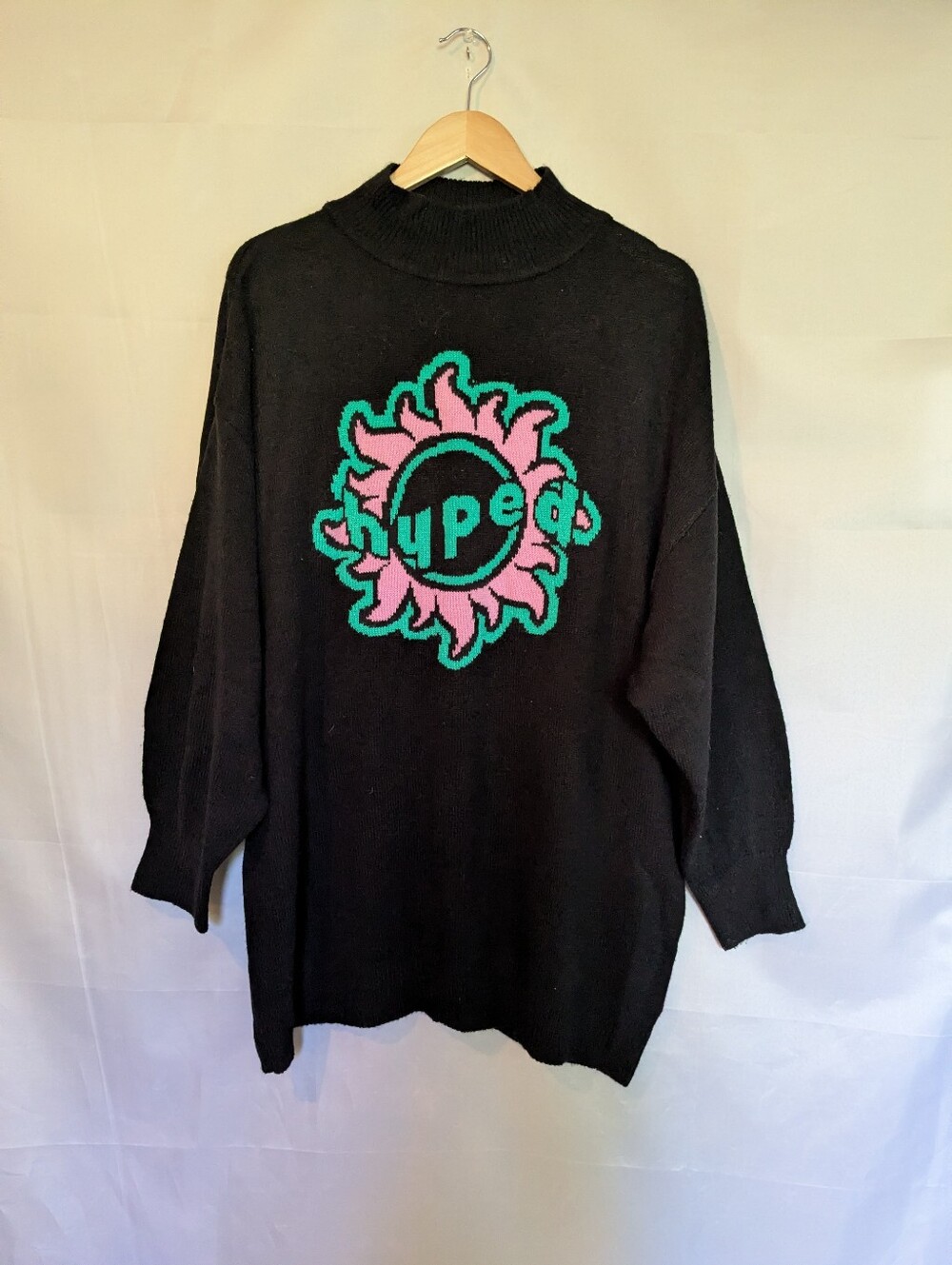 H&M Hyped Floral Pop Art Oversized Mock Neck Sweater Dress Black Pink Green L